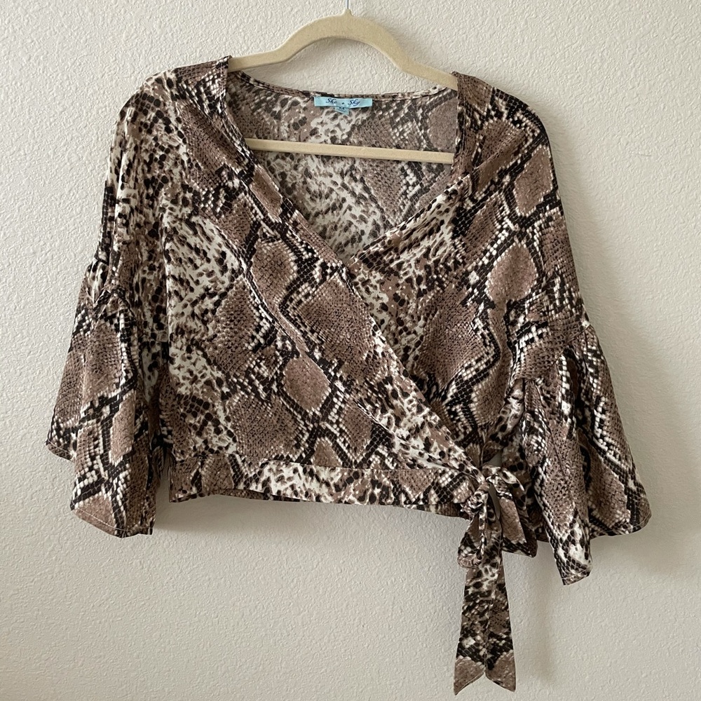 Snake Print Wrap Flutter Sleeve Crop Blouse Nwot - image 1